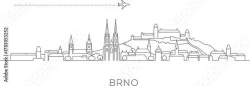 Brno Skyline Linear Art with Airplane