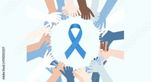 A light blue ribbon, symbolizing awareness (like prostate cancer), is in the center, encircled by numerous hands of different skin tones, representing unity and support.