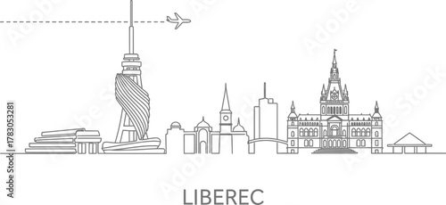 Liberec Skyline Line Art with Airplane