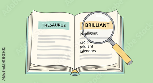 An illustration of an open book, a thesaurus, with a magnifying glass held over the word "BRILLIANT."