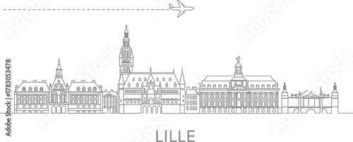 Lille Skyline Line Art with Airplane Icon and Text