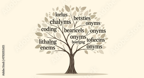A stylized illustration of a tree with brown leaves, where the leaves are composed of various placeholder or nonsense words, creating a "word cloud" in the shape of a treetop
