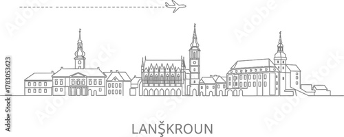 Lanškroun Skyline with Airplane and Dashed Line