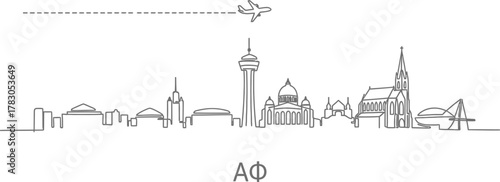 Minimalist Airplane Flying Over City Skyline Line Art