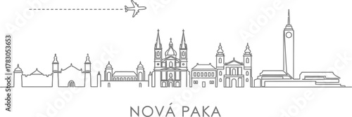 Nová Paka Skyline Line Art with Airplane