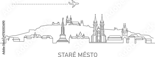 Minimalist Line Art Skyline of Staré Město with Airplane
