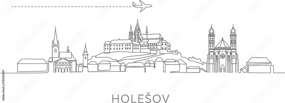 Obraz premium Holešov skyline simple line art with airplane