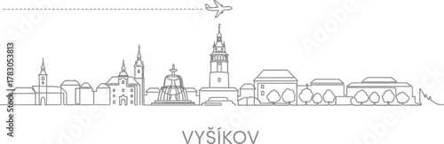 Vyskov City Skyline with Airplane Travel Icon