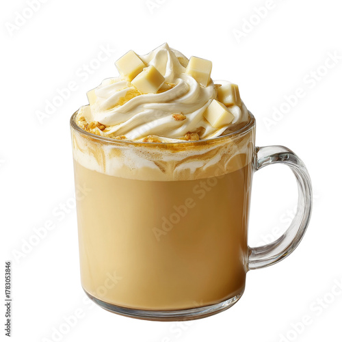 Delicious caramel latte macchiato topped with whipped cream and white chocolate