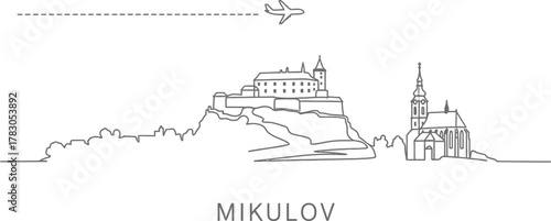 Mikulov Skyline with Castle and Church and Airplane Travel Icon
