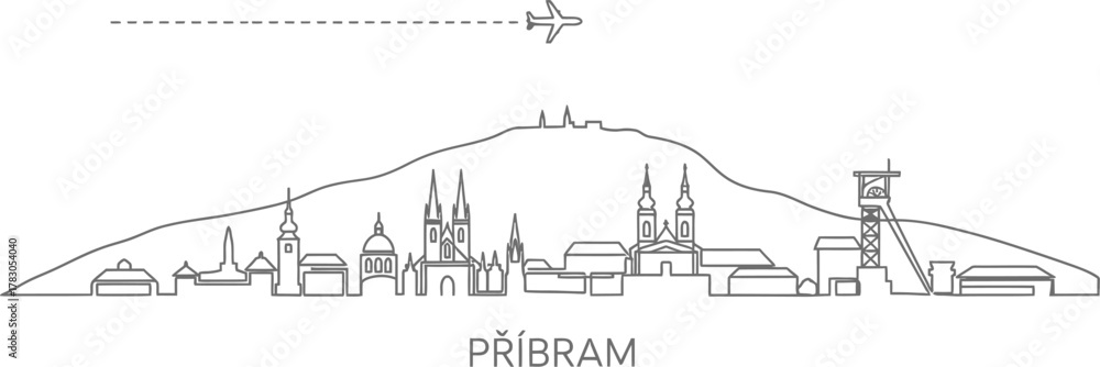 Obraz premium Pribram skyline linear vector illustration with airplane