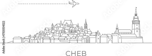Cheb Skyline with Airplane Travel Line Art