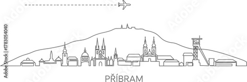 Pribram skyline linear vector illustration with airplane
