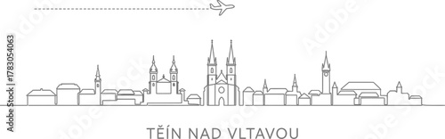 Prague Skyline with Airplane Travel Line Art