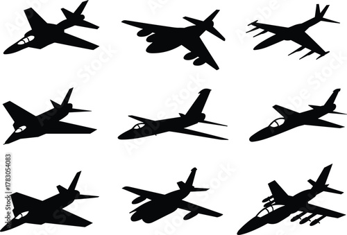 Military jet silhouettes in various angles and positions, combat aircraft, tactical fighter planes, air force jets, aviation technology, stealth aircraft, aerial warfare, 