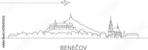 Benešov Skyline Line Art with Airplane and Cloud Trail