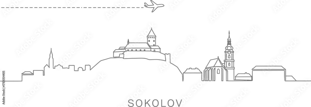 Obraz premium Sokolov Skyline with Airplane and Landmark Buildings