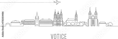 Votice Skyline with Airplane and Dashed Line