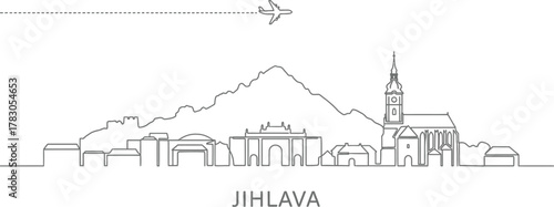 Jihlava skyline, Czech Republic, with airplane