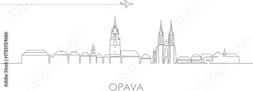 Opava City Skyline Line Art with Airplane and Dash Trail