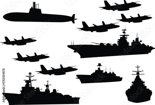 Military ships and airplanes silhouettes, navy warships, aircraft carrier, fighter jets, submarine, naval fleet, black vector icons, defense forces