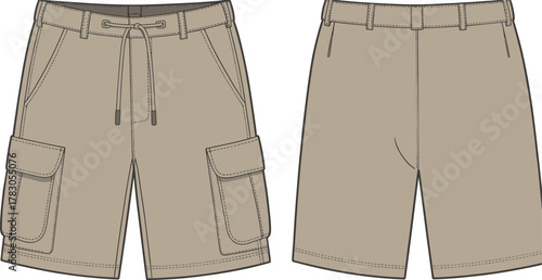Men's cargo shorts flat sketch with drawstring waist, utility pockets, vector fashion template, front and back technical CAD