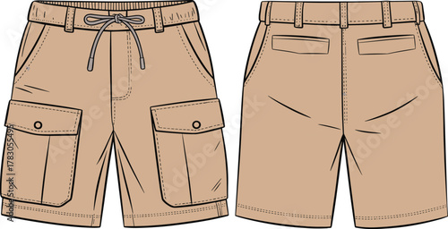 Men's cargo shorts vector template, front and back technical flat sketch, fashion CAD design with flap pockets, casual summer style