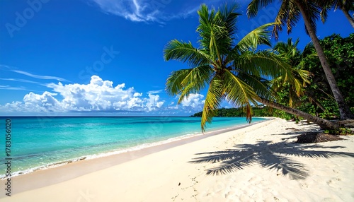 Fototapeta Naklejka Na Ścianę i Meble -  A pristine beach scene features turquoise water, white sand, and lush palm trees against a bright blue sky with fluffy clouds