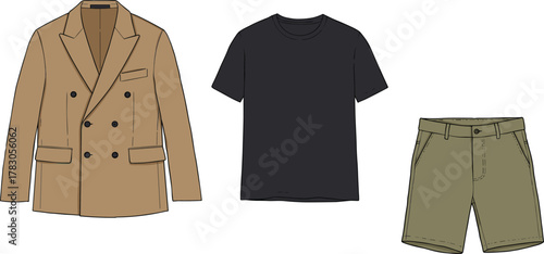 Men's fashion outfit technical sketch, blazer t-shirt shorts cad drawing, flat vector illustration, fashion design template, garment front