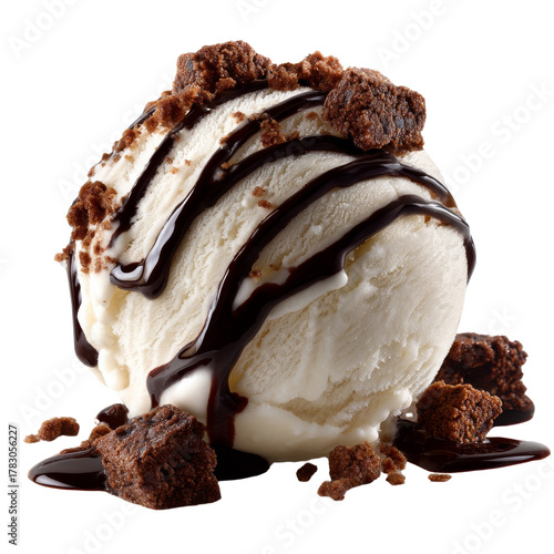 Indulgent delight: Vanilla ice cream with rich chocolate sauce and brownie pieces