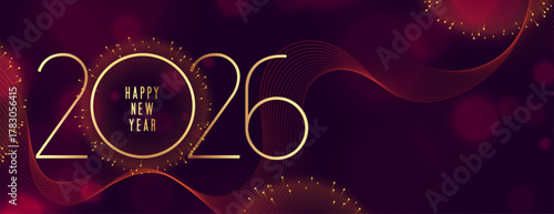 2026 happy new year wavy banner with firework decor