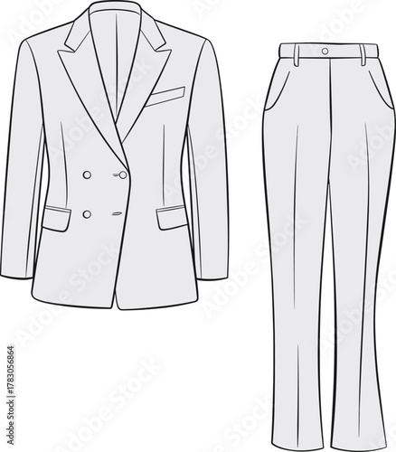 Mens formal suit flat sketch, tailored blazer, classic trousers, fashion cad vector, clothing design template, cad drawing flat vector illustration
