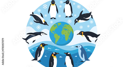 A circular vector illustration showing the planet earth at its center, surrounded by various species of penguins on ice, in the water, and against a snowy background.
