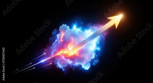 Dynamic golden arrow streaks through vibrant cosmic nebula symbolizing business growth and explosive success with leading momentum