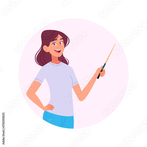Smiling Young Woman Presenting with a Pointer Stick