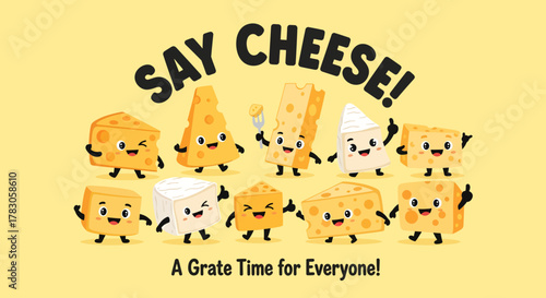 a playful cartoon illustration featuring various happy cheese characters with faces and arms on a yellow background with punny text quotes.
