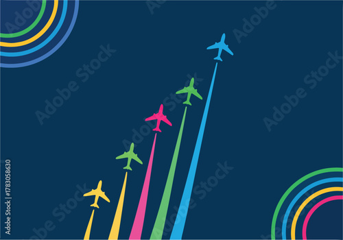 Five colorful airplanes flying in formation, leaving vibrant trails on a dark blue background.