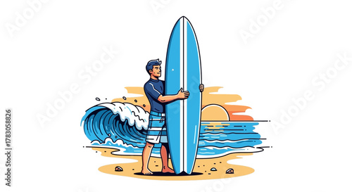 Cartoon man hugging surfboard on sandy beach with ocean waves at sunset, concept for surfing lessons, summer vacation, and beach lifestyle