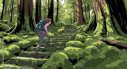 Illustration of a woman with a backpack hiking up stone steps in a lush green forest, concept for outdoor adventure, healthy lifestyle and travel