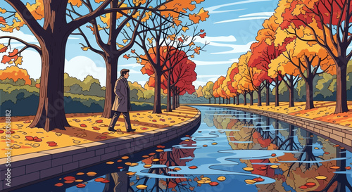 Illustration of a manager in coat walking alongside river lined with autumn trees, concept for seasonal promotional materials, artistic scenic backgrounds and relaxing outdoor advertisement