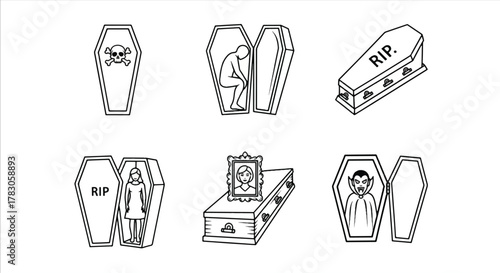 Set of coffin illustrations vector line art drawings for Halloween isolated on white background