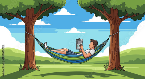 Man lying in a hammock reading a book between two trees on a sunny day, concept for relaxation, vacation and leisure