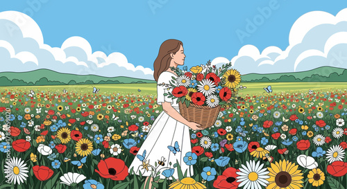 Illustration of a young woman in a white dress holding a basket full of flowers in a meadow, concept for summer backgrounds, greeting cards and floral designs