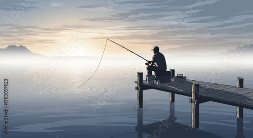 A lone fisherman casting a line from a wooden pier at dawn over tranquil water, concept for relaxation, outdoor recreation and solitary reflection