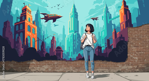 Anime style girl standing in front of city mural with spaceships and skyscrapers, concept for travel blogging, urban exploration and futuristic imagination