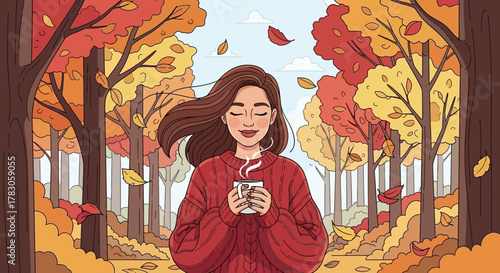 Illustration of a woman enjoying hot drink in autumn forest landscape with falling leaves, concept for seasonal greetings, relaxation moment and peaceful outdoor activities