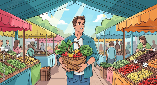Smiling man holding a basket of fresh produce at farmers market with vendors and shoppers, concept for healthy lifestyle, local economy support and sustainable consumption