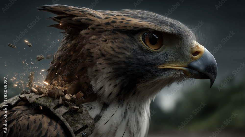 Obraz premium Close-up Portrait of a Majestic Eagle with Exploding Stone and Debris Armor on Neck