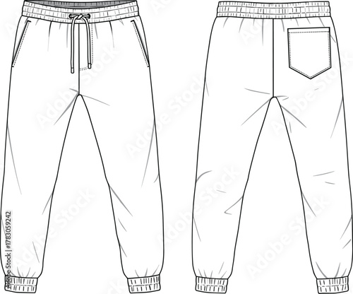 Mens jogger pants technical flat sketch, vector cad illustration, fashion design template, front and back view, garment drawing, outline