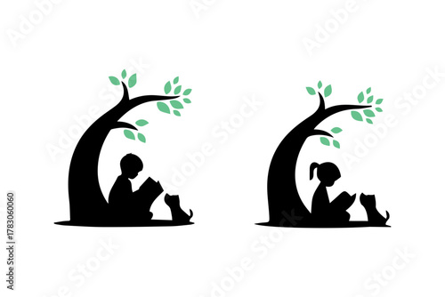 Two clusters of light green leaves, and being a reader in a silhouette style, isolated on a  white background